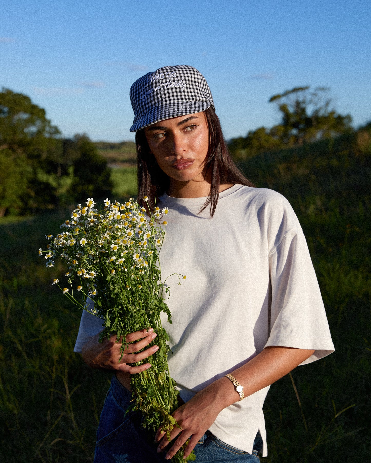 Picnic Cap - Short Brim 6 Panel - Black/White Plaid