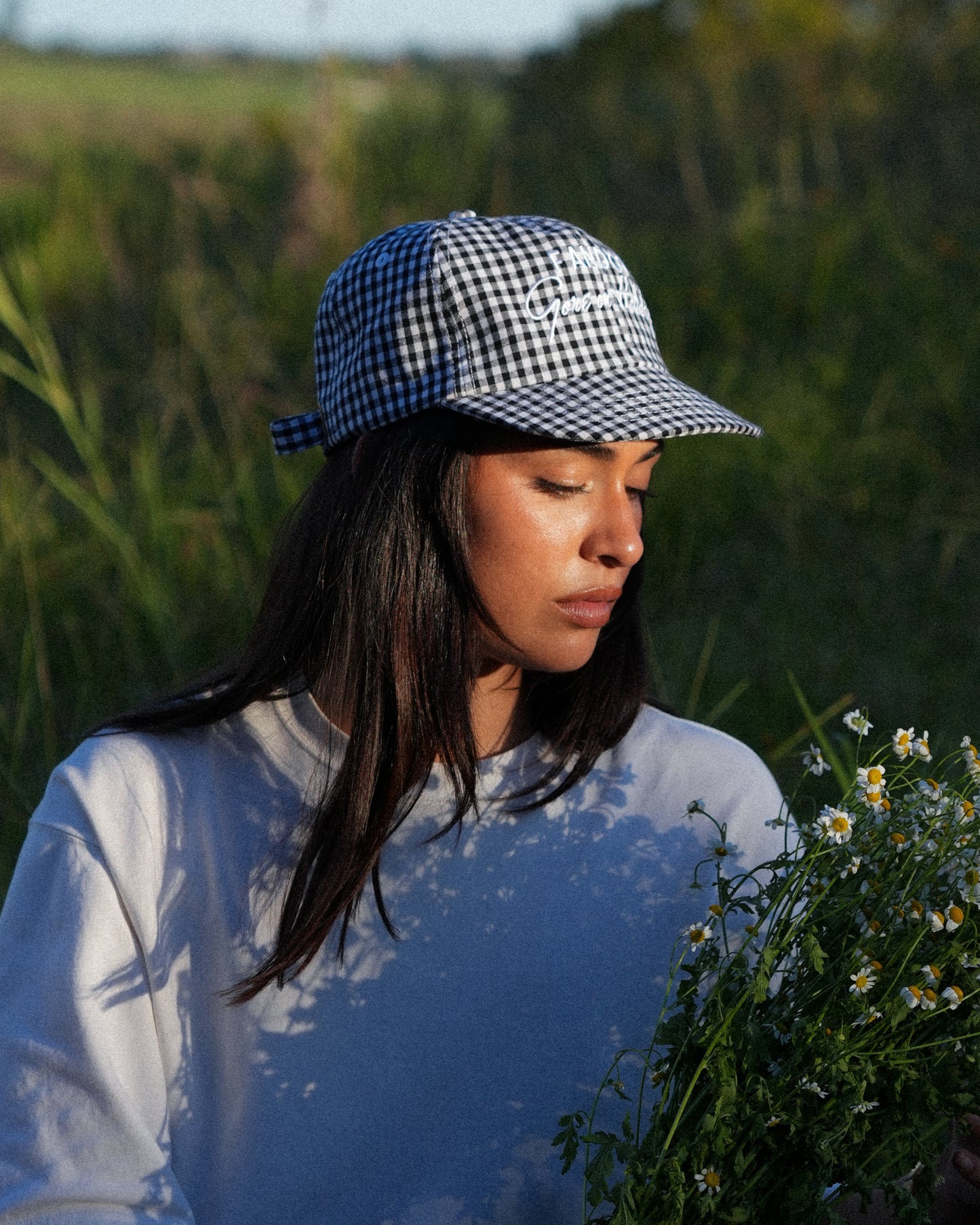 Picnic Cap - Short Brim 6 Panel - Black/White Plaid