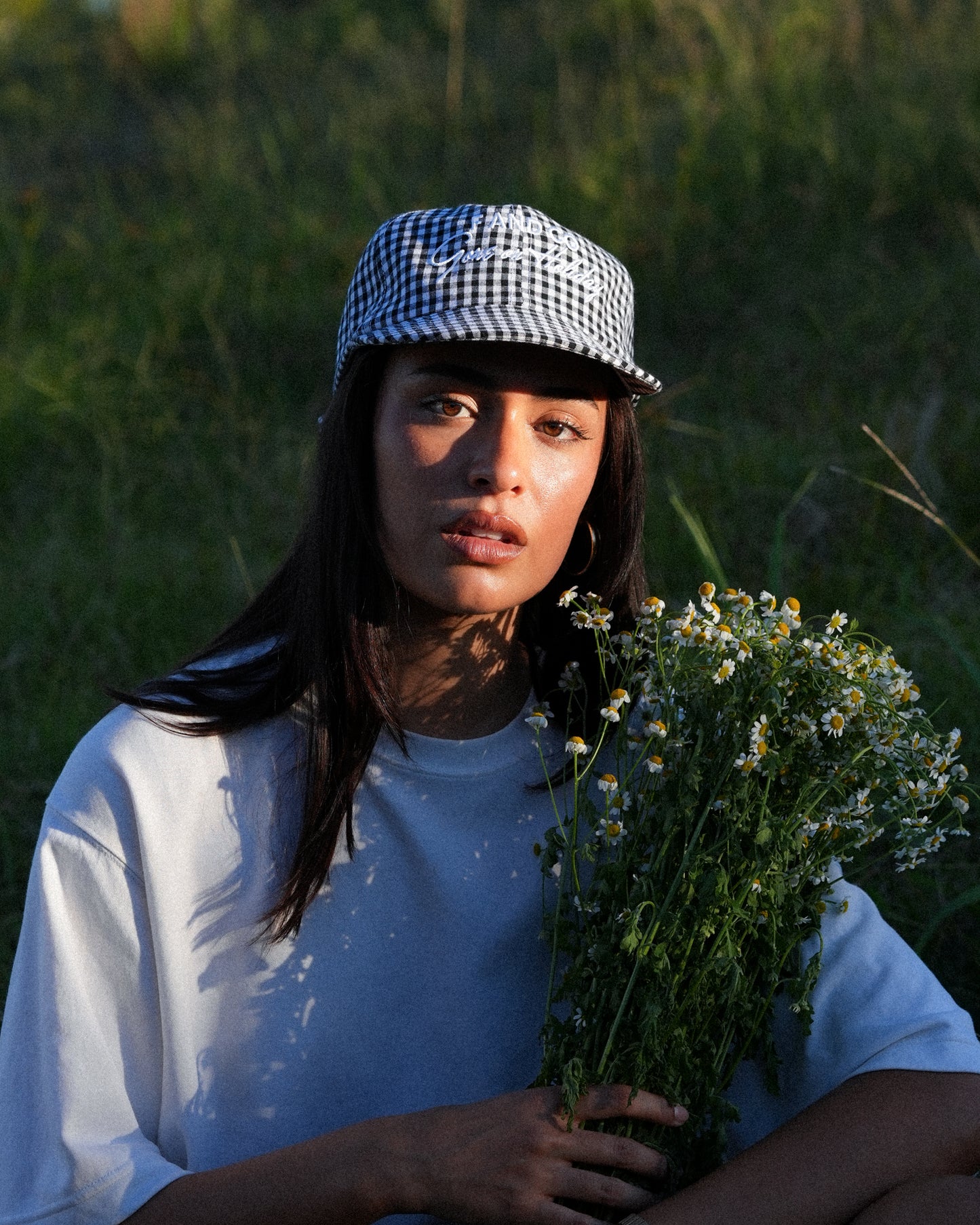 Picnic Cap - Short Brim 6 Panel - Black/White Plaid