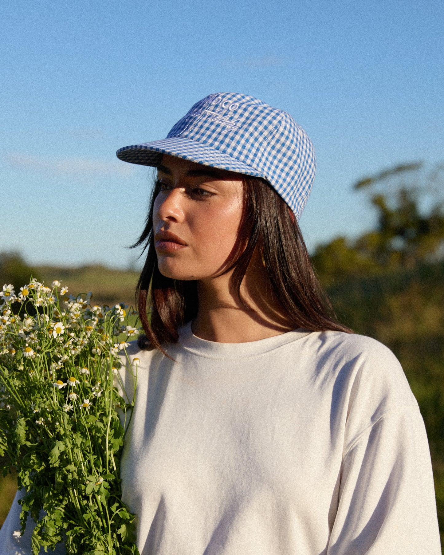 Picnic Cap - Short Brim 6 Panel - Blue/White Plaid