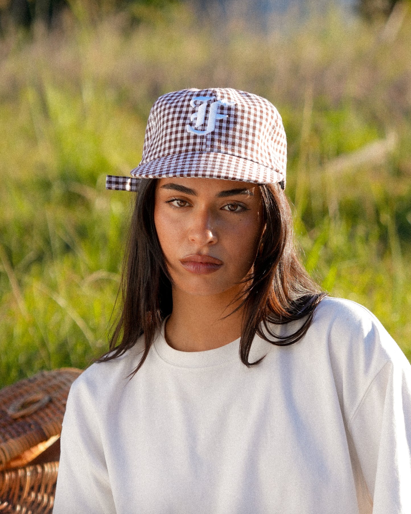 Picnic Letterman Cap - Short Brim 6 Panel - Brown/White Plaid