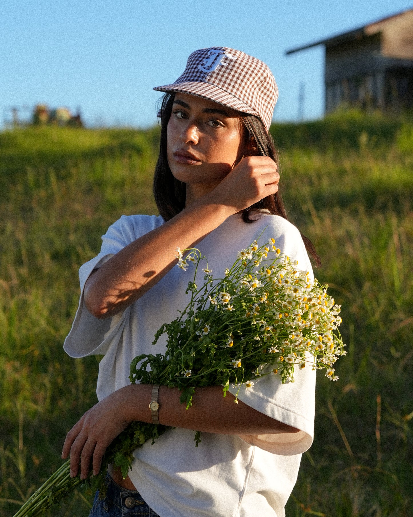 Picnic Letterman Cap - Short Brim 6 Panel - Brown/White Plaid
