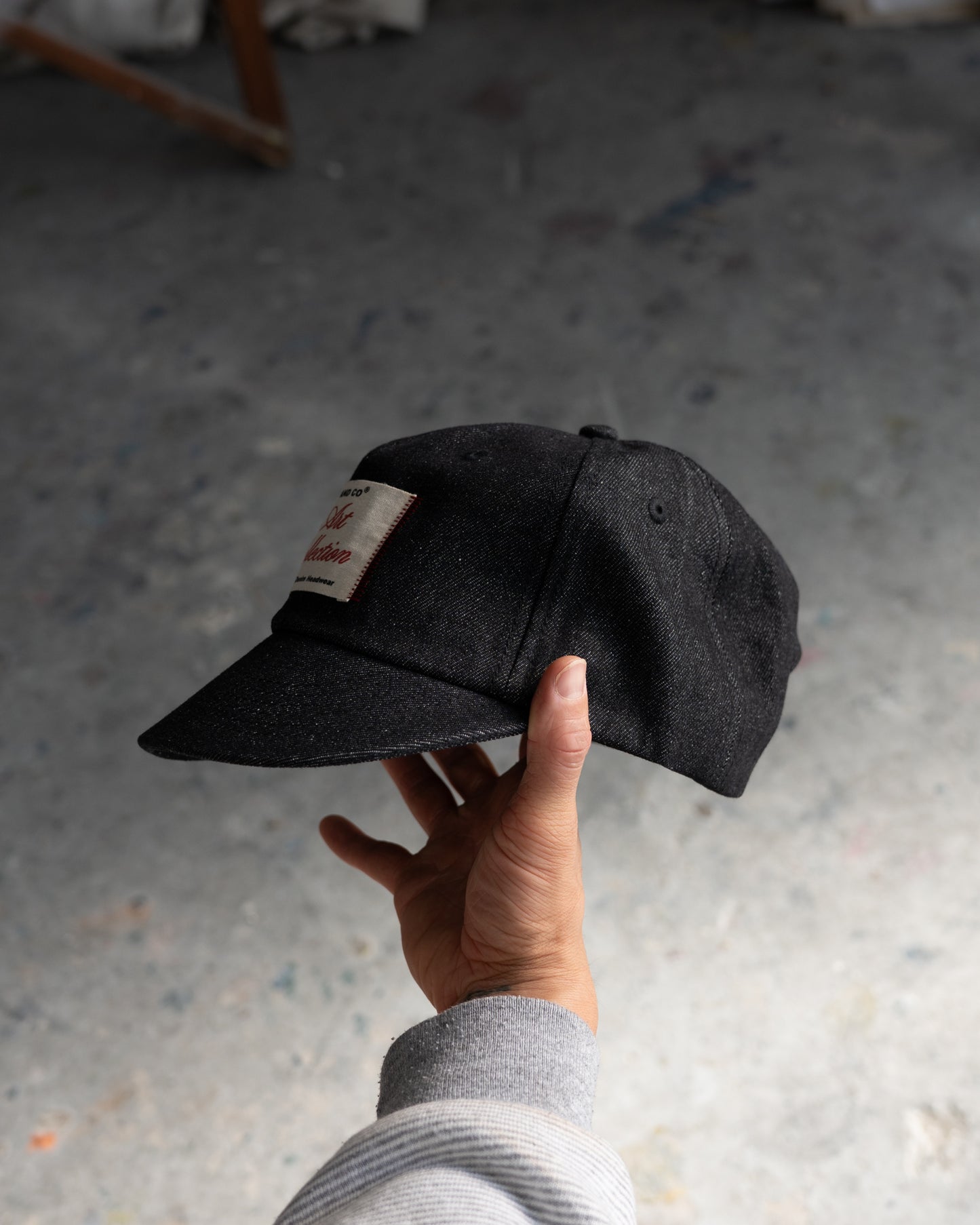 Patch Denim Cap - Short Brim 6 Panel - Black Denim
