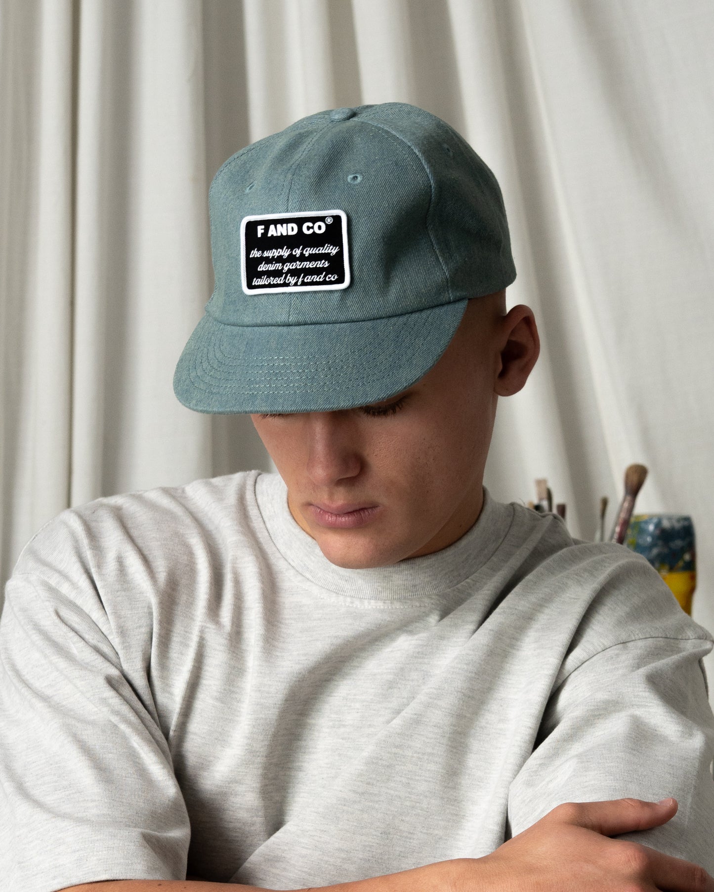 Patch Denim Cap - Short Brim 6 Panel - Light Blue/Washed Denim