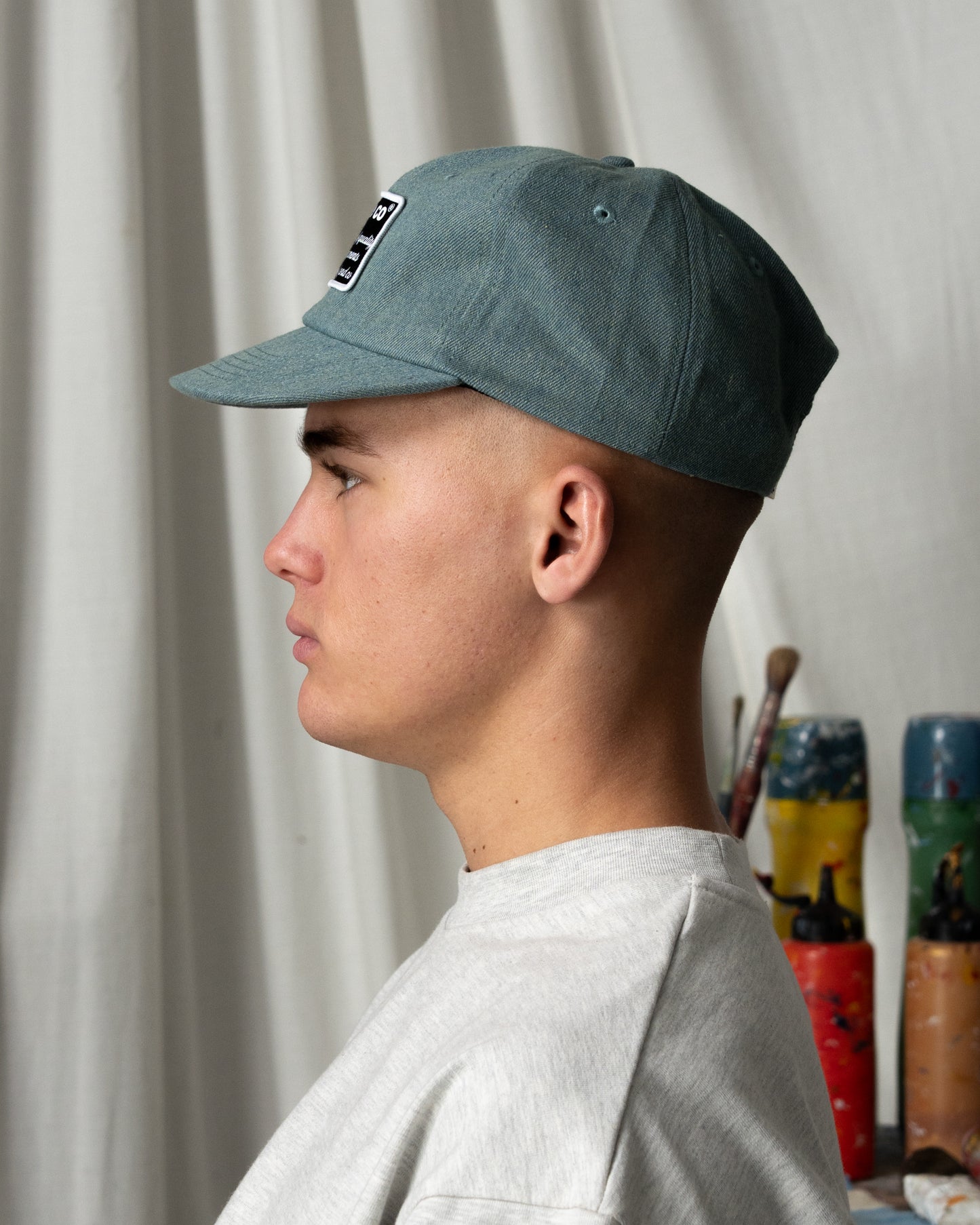 Patch Denim Cap - Short Brim 6 Panel - Light Blue/Washed Denim