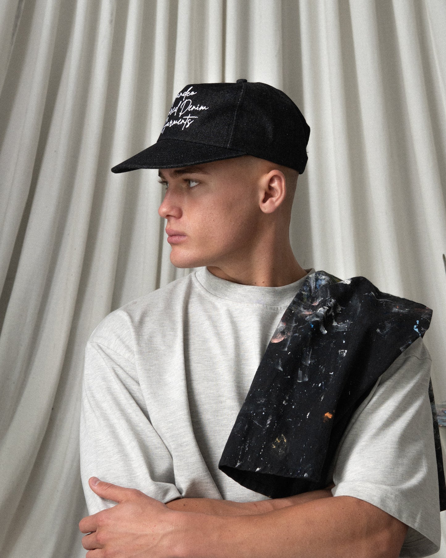 Denim Script Cap - Wide Brim 5 Panel - Black Denim