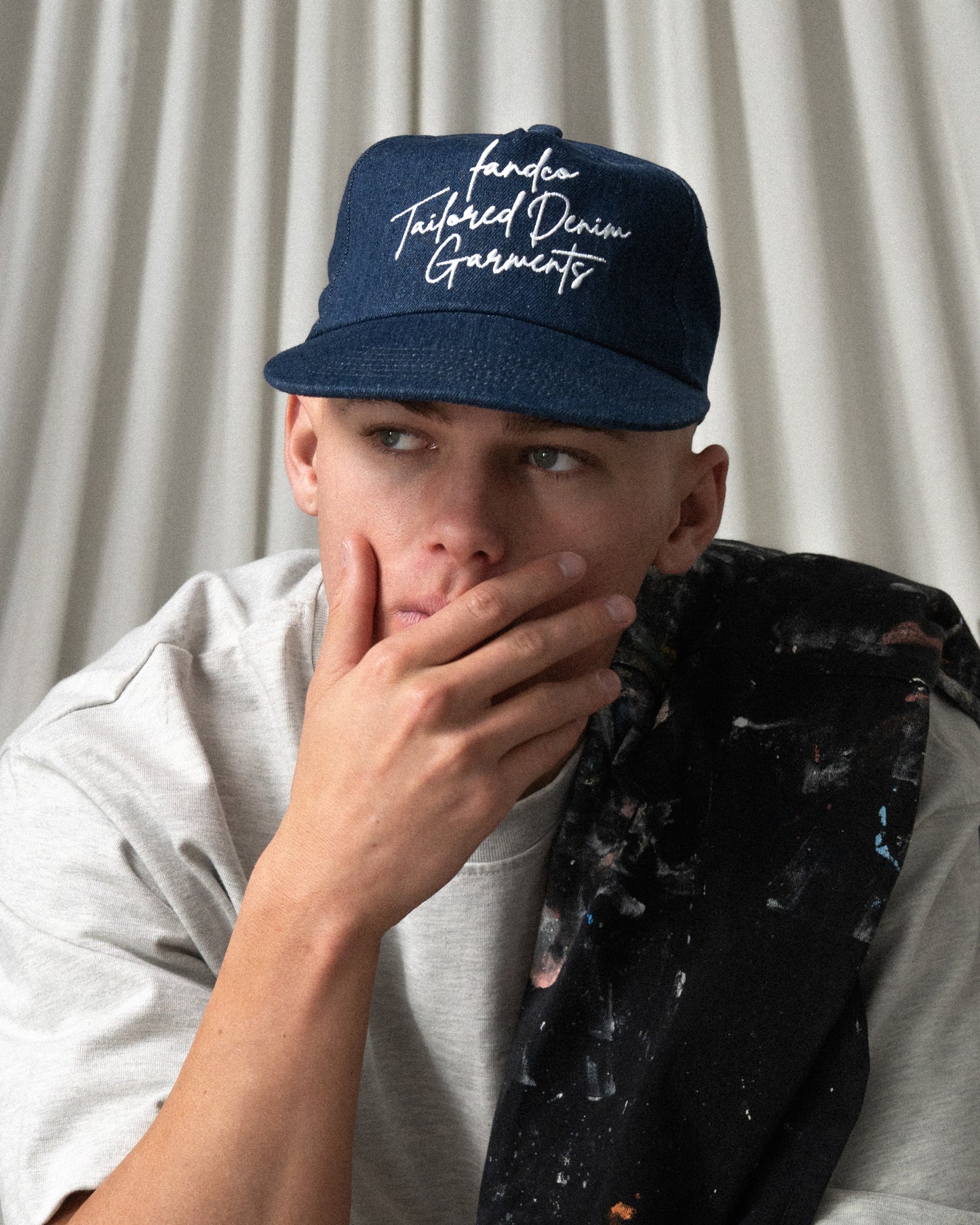 Denim Script Cap - Wide Brim 5 Panel - Dark Blue Denim