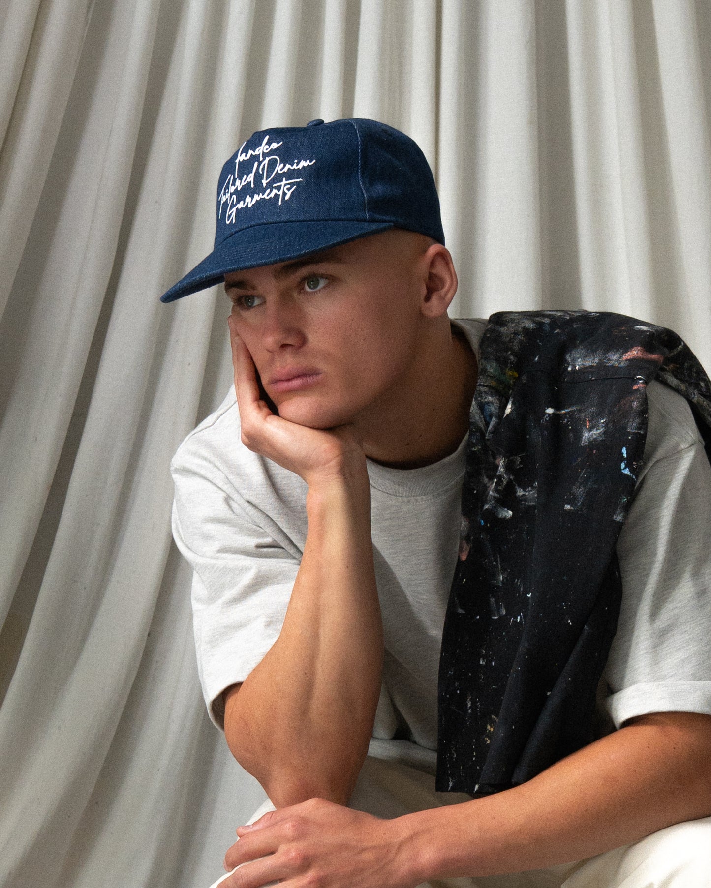 Denim Script Cap - Wide Brim 5 Panel - Dark Blue Denim