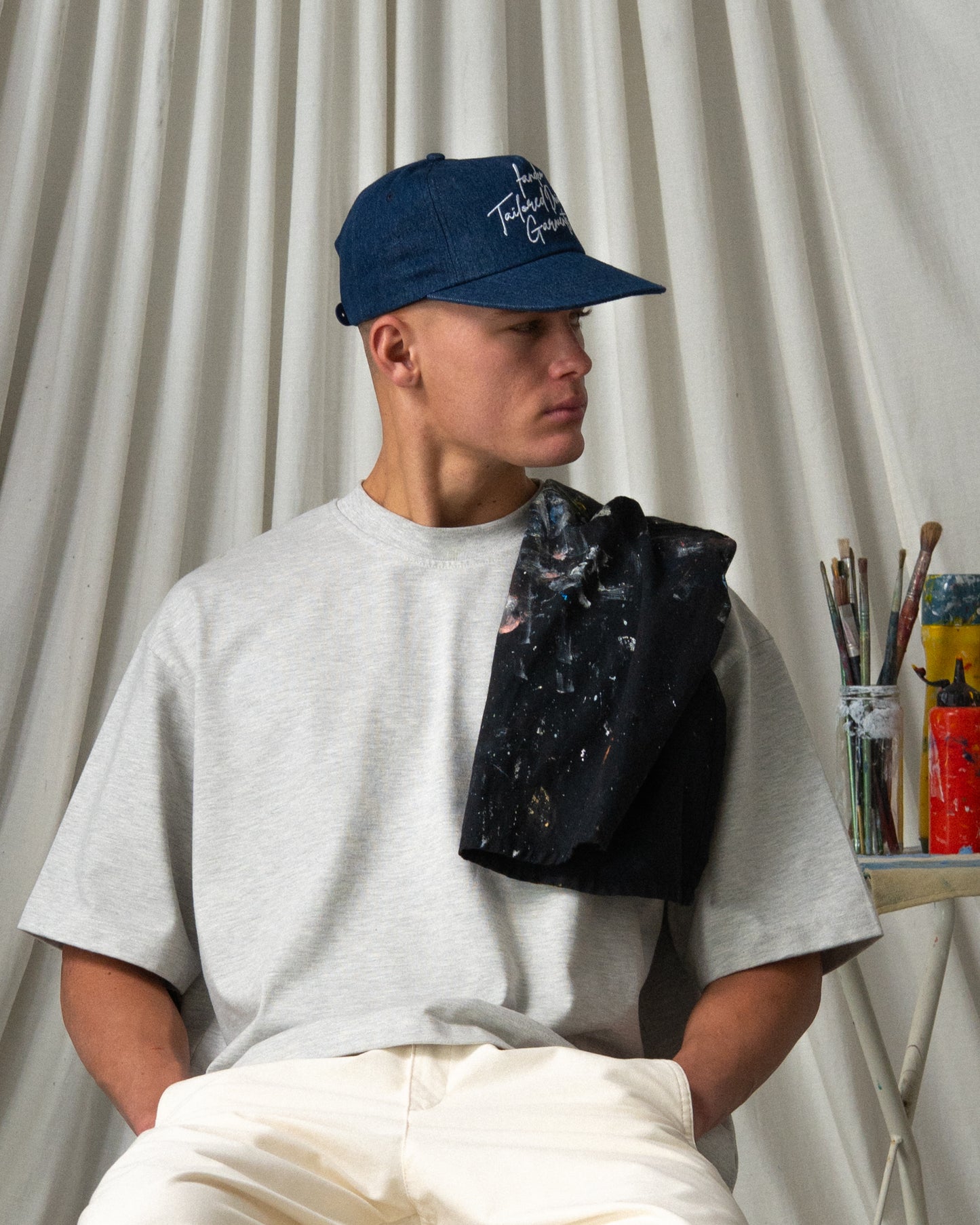 Denim Script Cap - Wide Brim 5 Panel - Dark Blue Denim