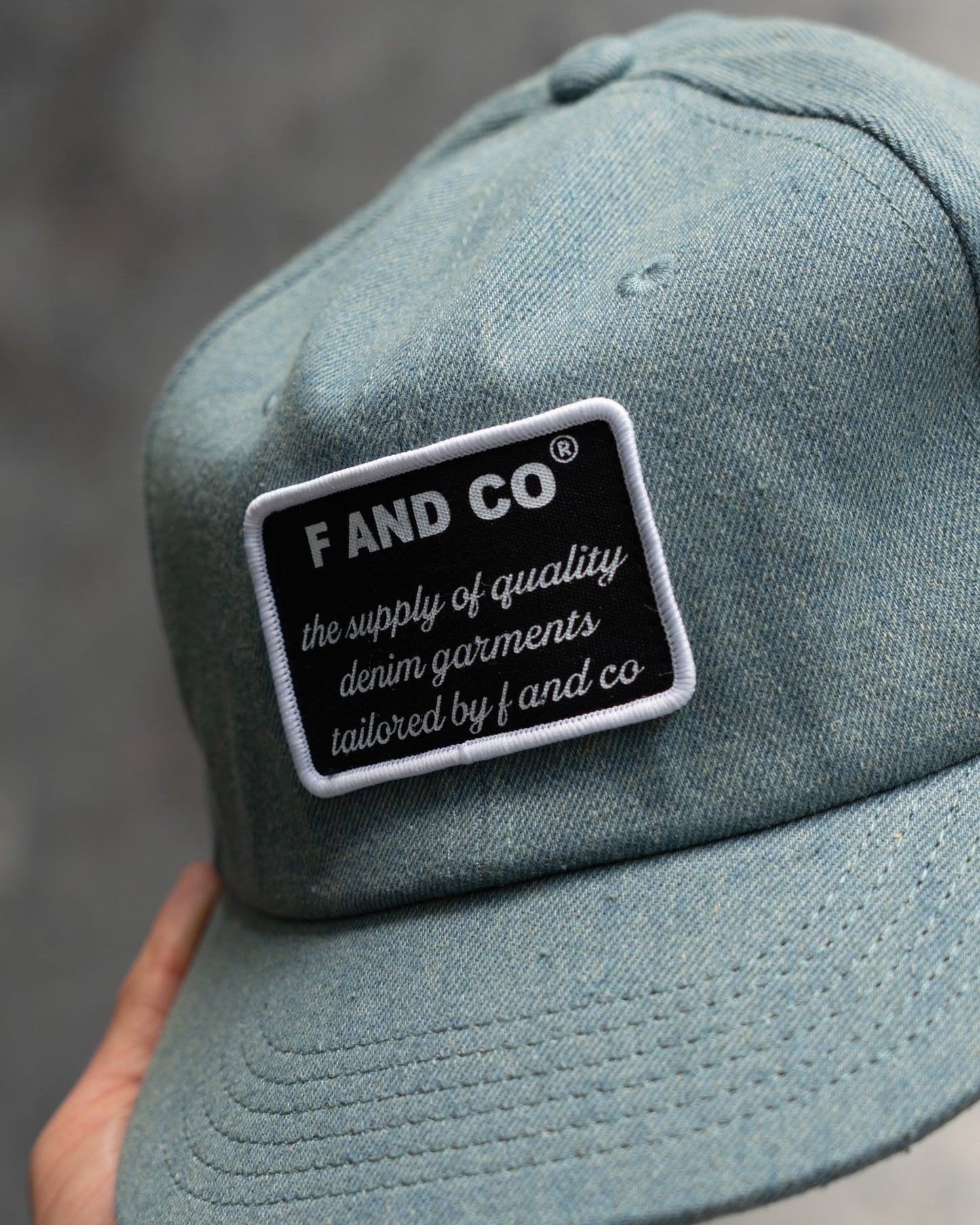 Patch Denim Cap - Short Brim 6 Panel - Light Blue/Washed Denim