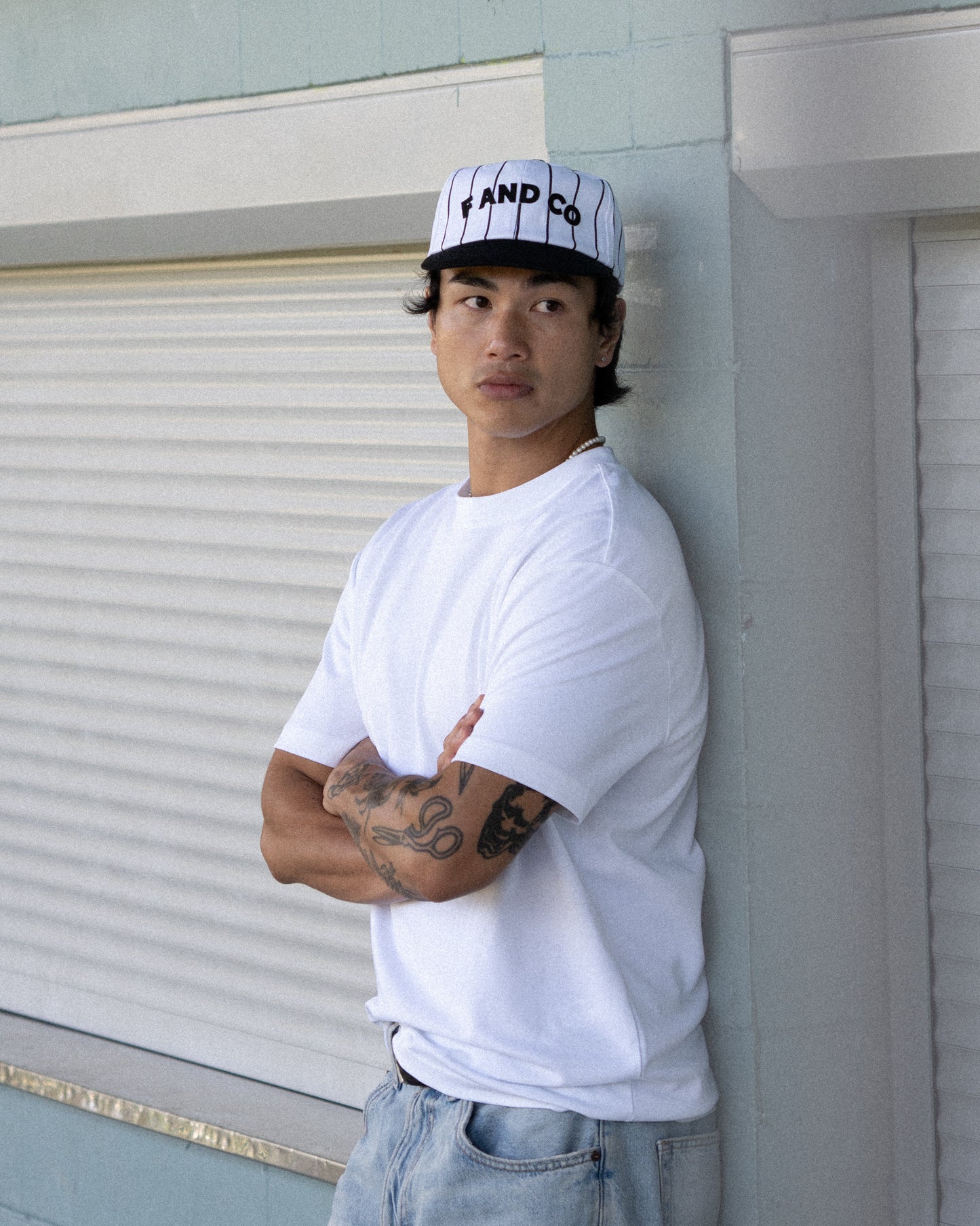 Letter Ball Cap - Short Brim 6 Panel - Off White/Black Pinstripe