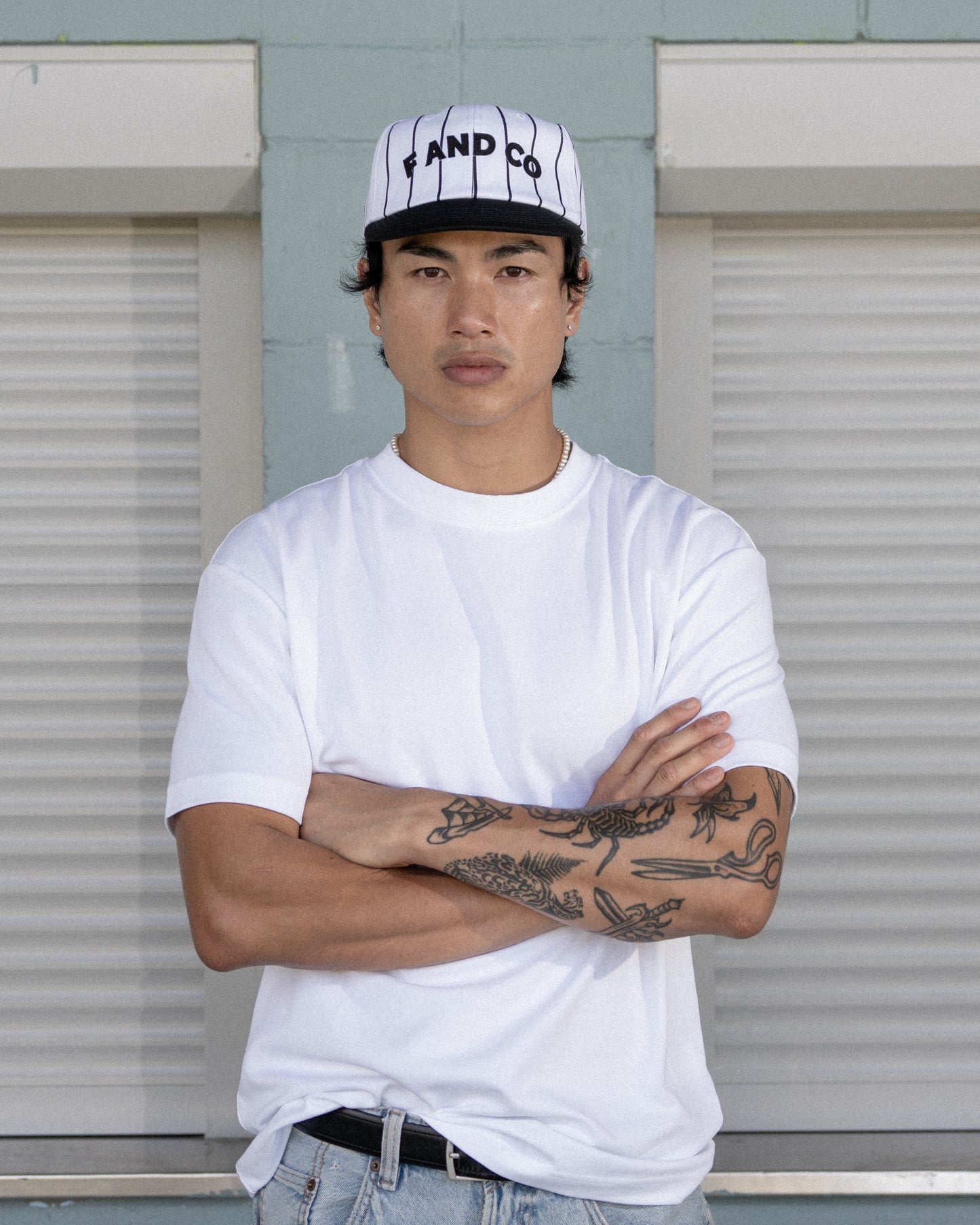 Letter Ball Cap - Short Brim 6 Panel - Off White/Black Pinstripe