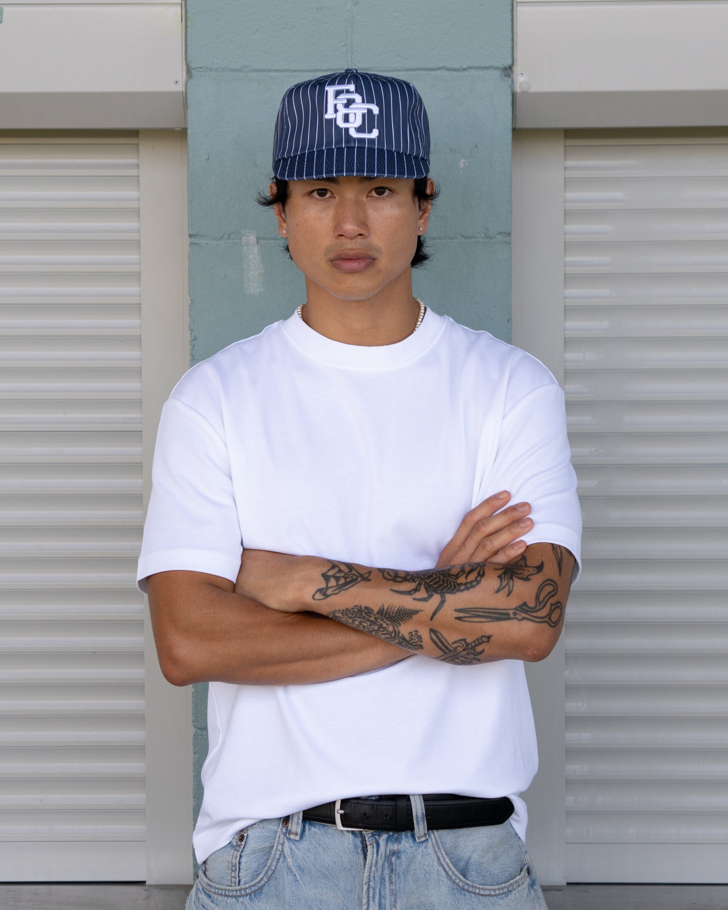 Monogram Ball Cap - Short Brim 6 Panel - Navy Pinstripe