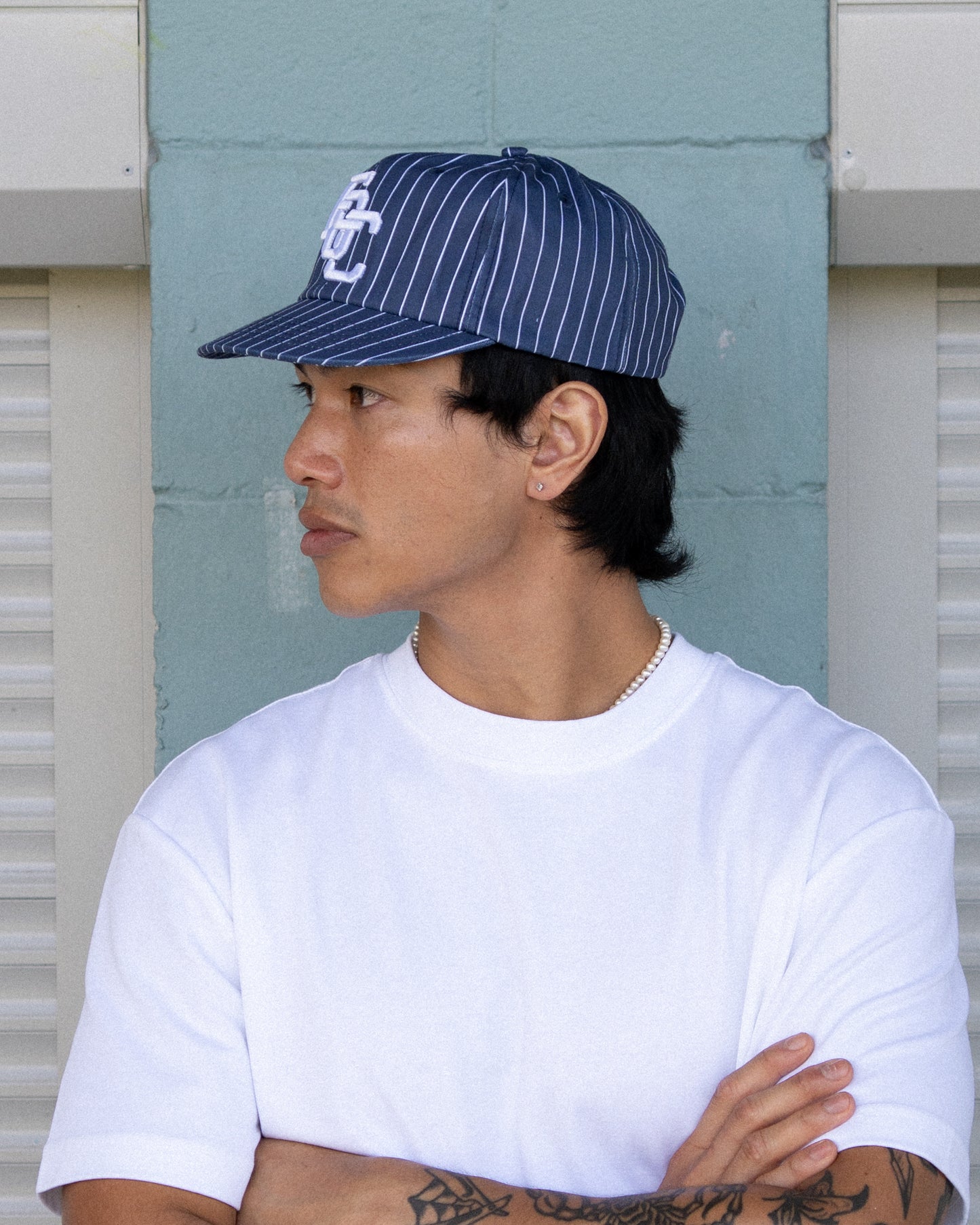 Monogram Ball Cap - Short Brim 6 Panel - Navy Pinstripe