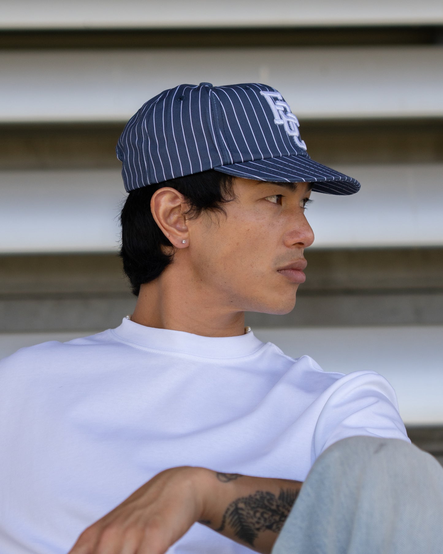 Monogram Ball Cap - Short Brim 6 Panel - Navy Pinstripe