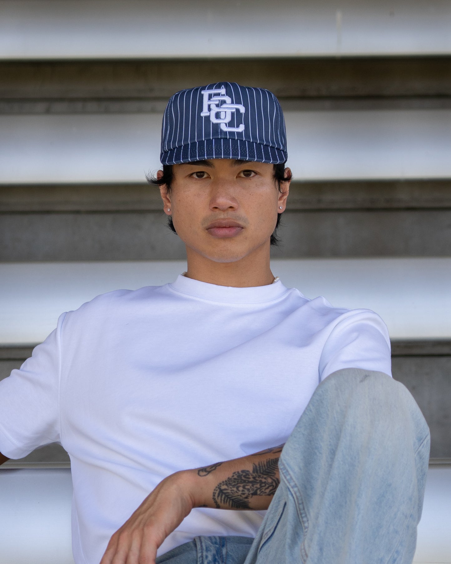 Monogram Ball Cap - Short Brim 6 Panel - Navy Pinstripe