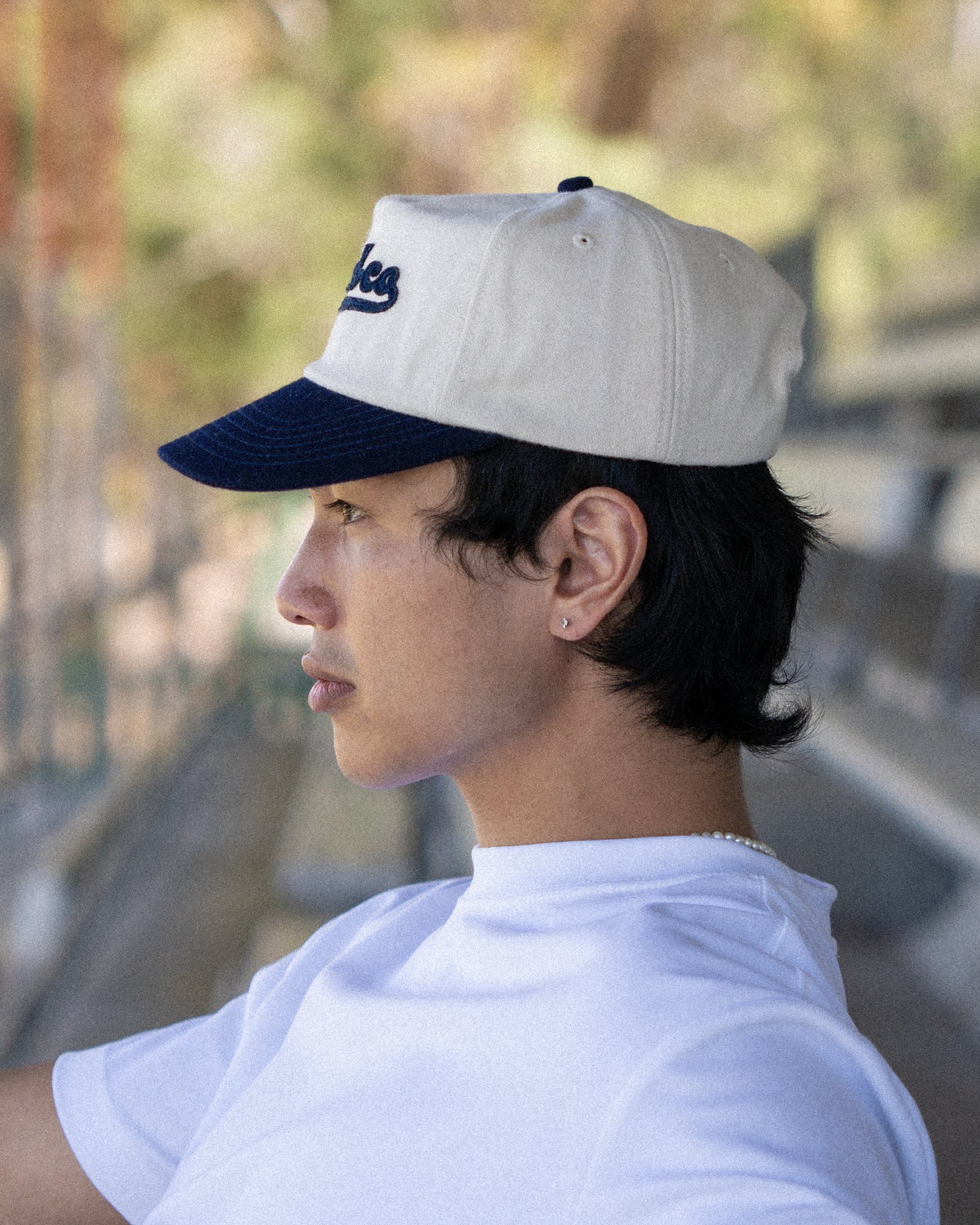Script Ball Cap - Wide Brim 5 Panel - Off White/Navy