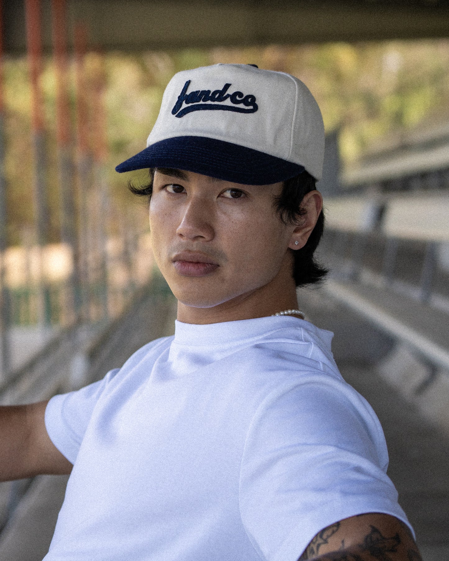 Script Ball Cap - Wide Brim 5 Panel - Off White/Navy