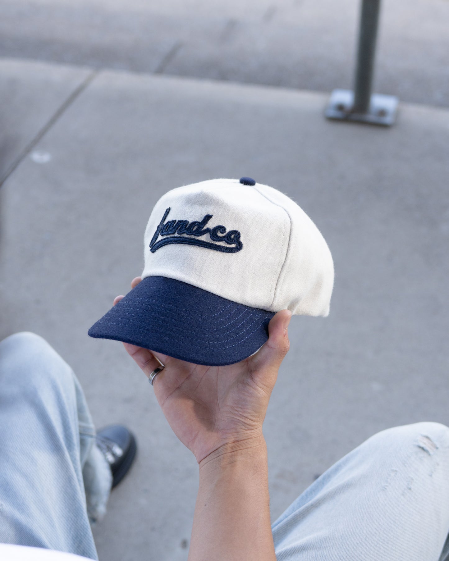 Script Ball Cap - Wide Brim 5 Panel - Off White/Navy