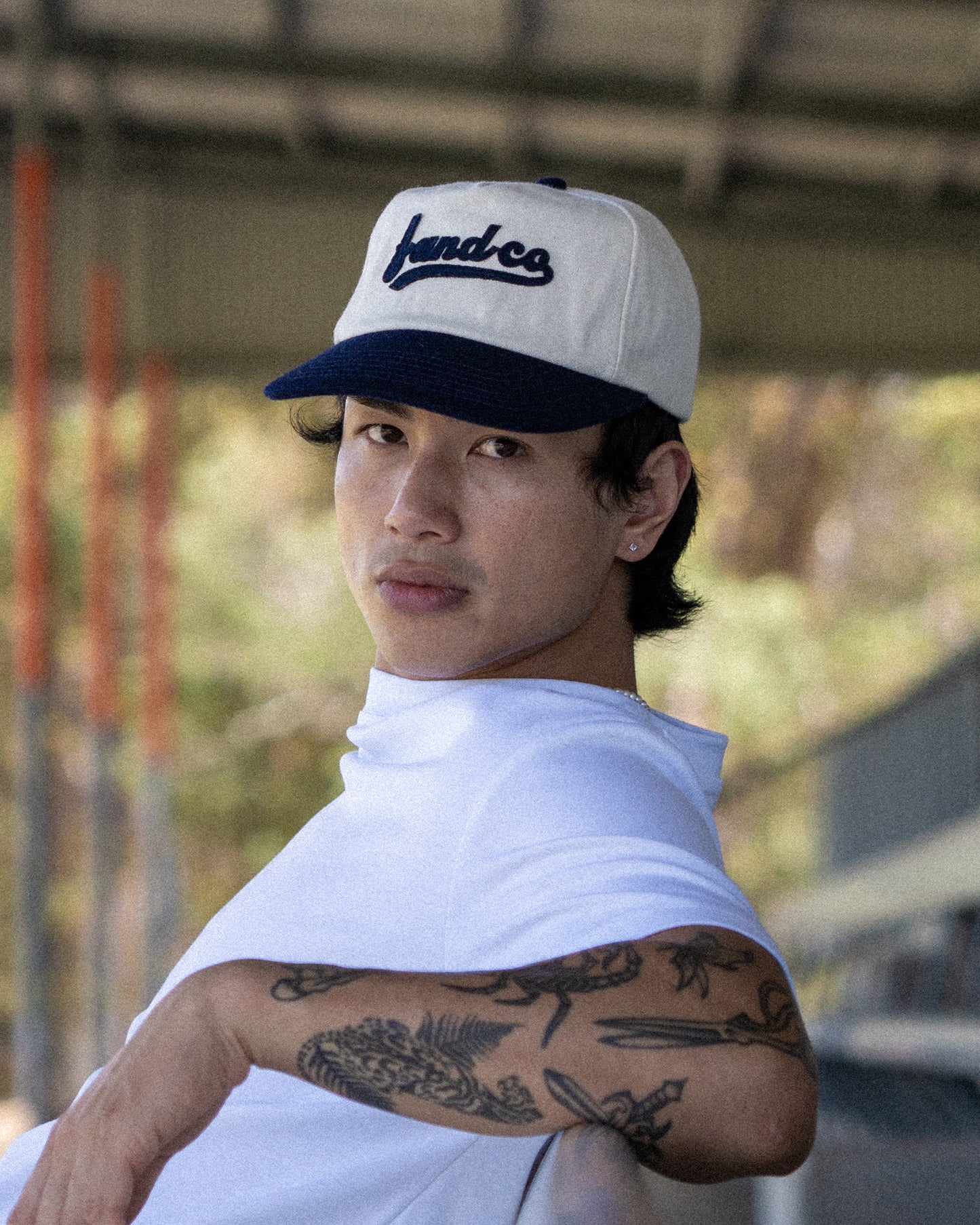 Script Ball Cap - Wide Brim 5 Panel - Off White/Navy