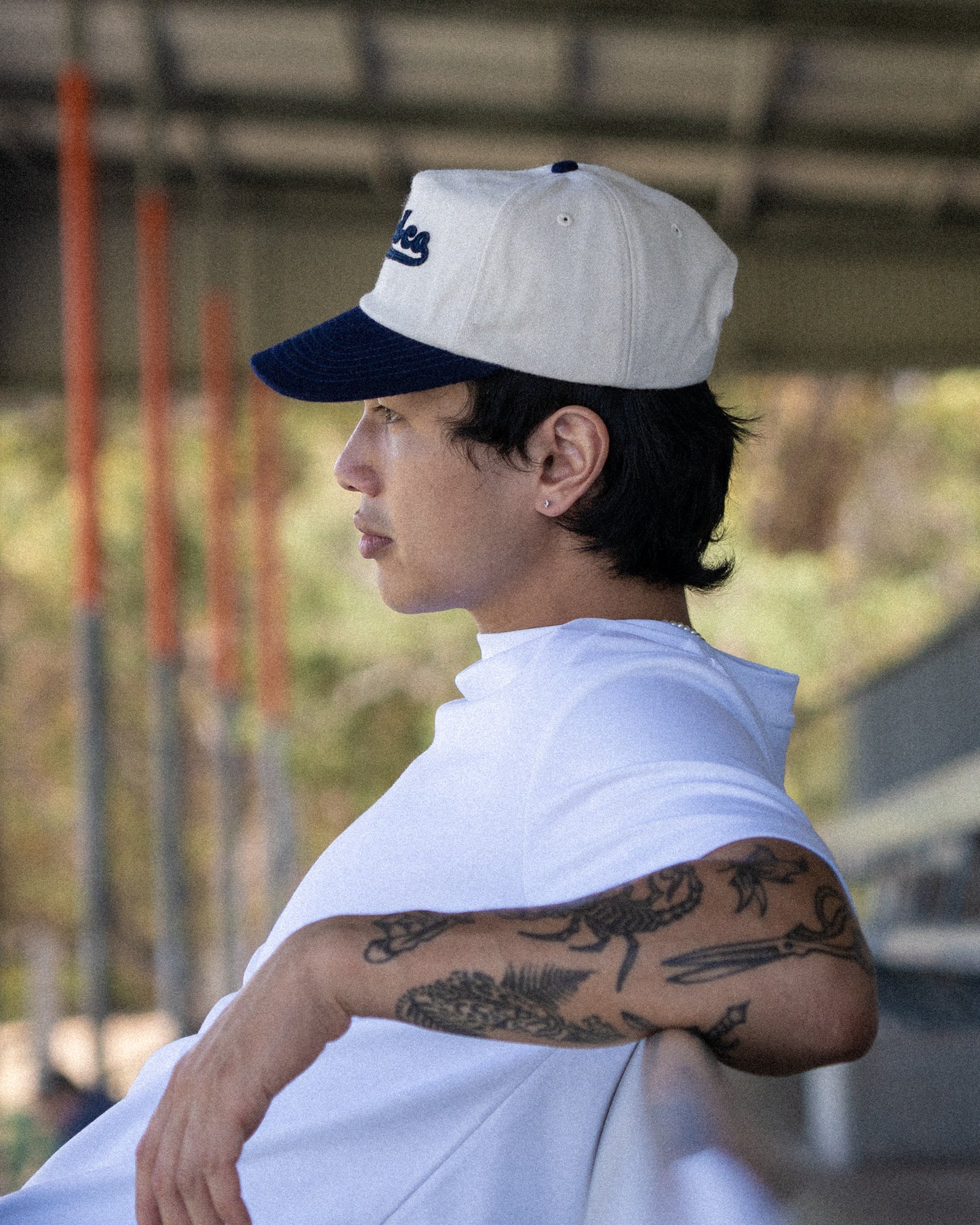 Script Ball Cap - Wide Brim 5 Panel - Off White/Navy