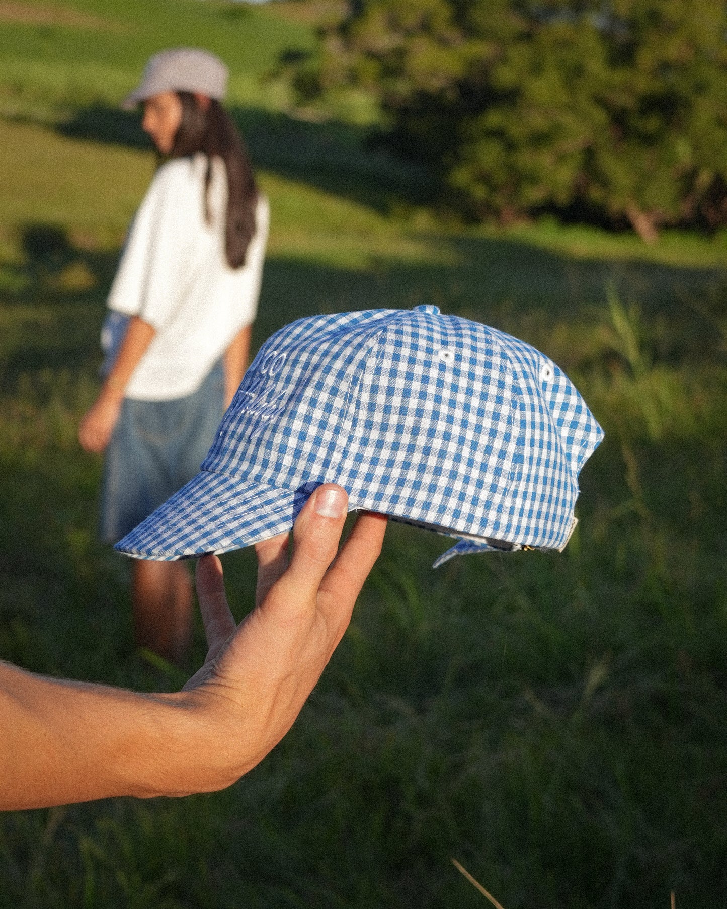 Picnic Cap - Short Brim 6 Panel - Blue/White Plaid