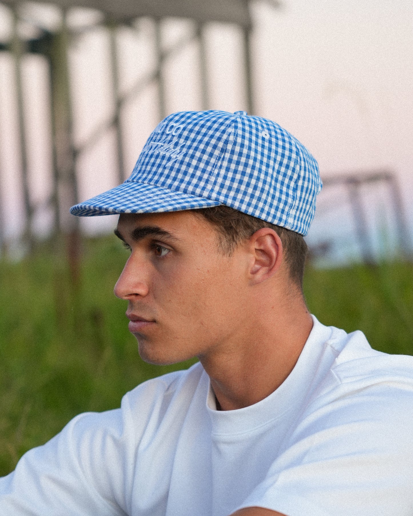 Picnic Cap - Short Brim 6 Panel - Blue/White Plaid