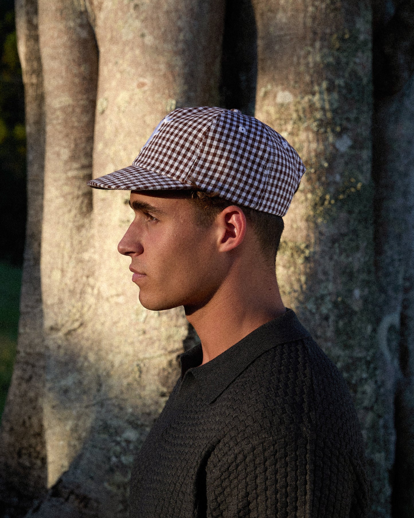 Picnic Letterman Cap - Short Brim 6 Panel - Brown/White Plaid