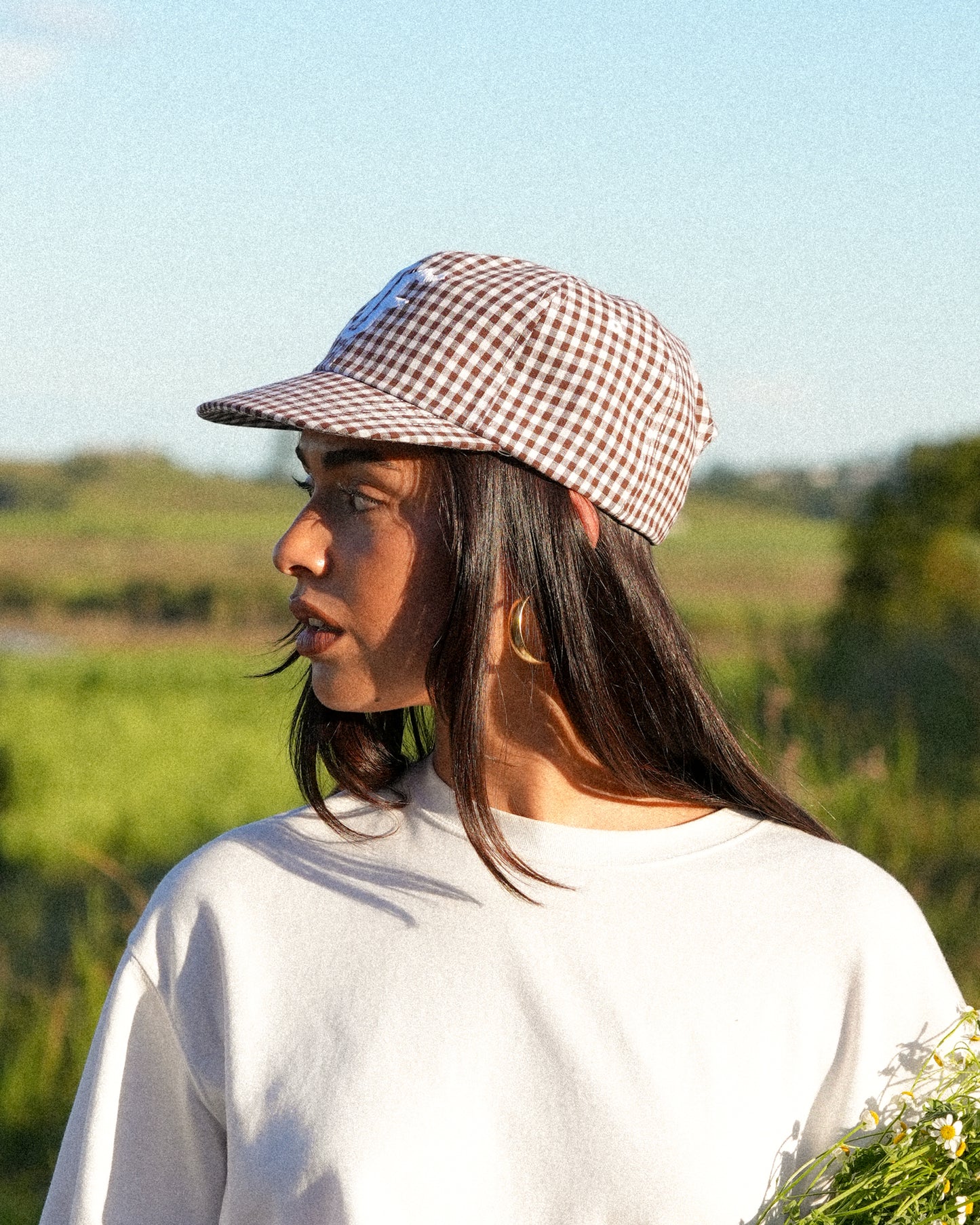 Picnic Letterman Cap - Short Brim 6 Panel - Brown/White Plaid