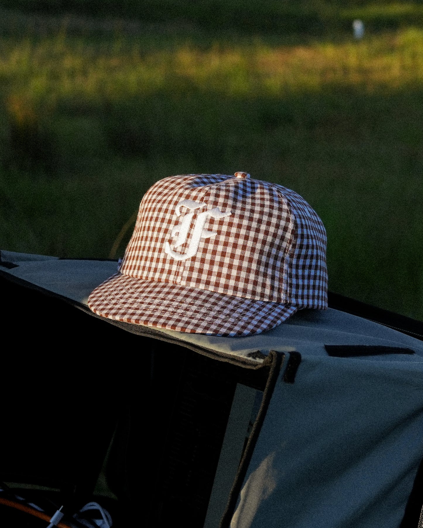 Picnic Letterman Cap - Short Brim 6 Panel - Brown/White Plaid