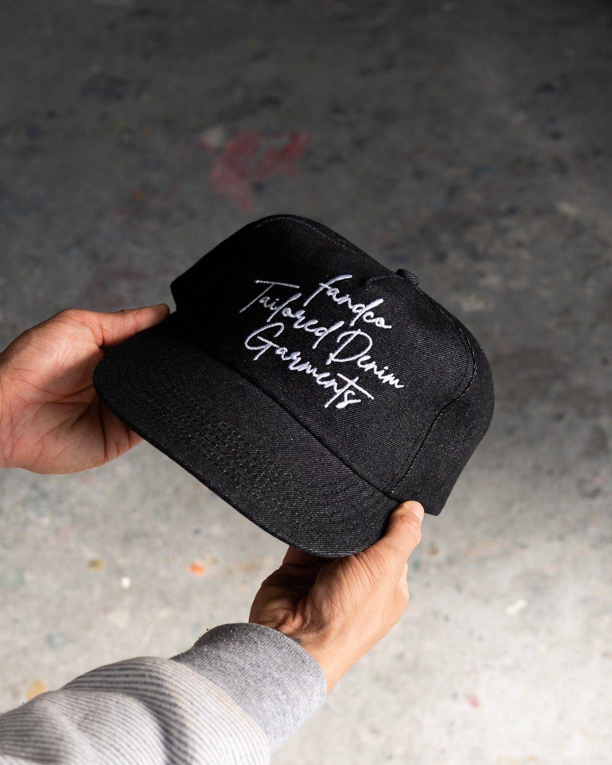 Denim Script Cap - Wide Brim 5 Panel - Black Denim – F AND CO.