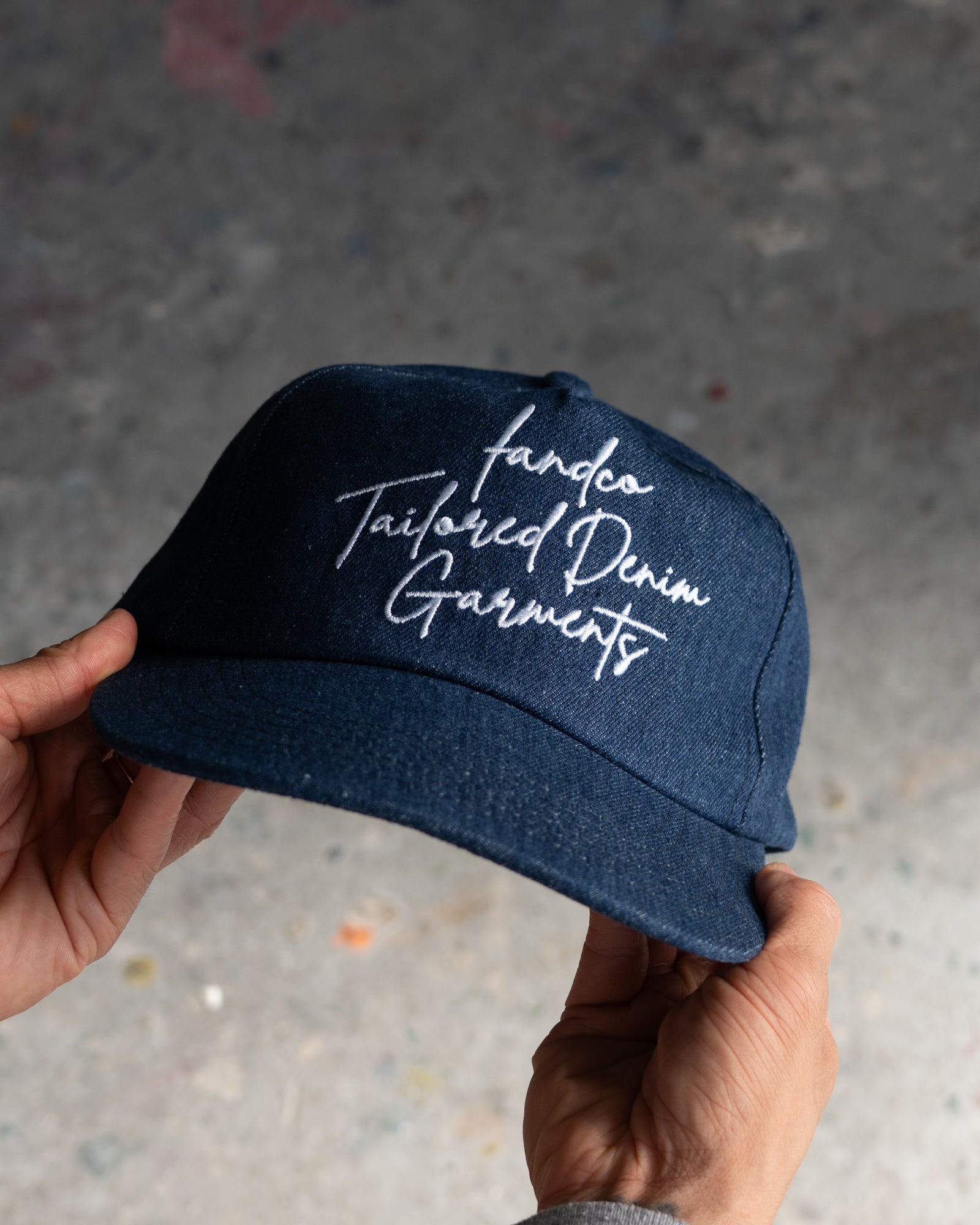Denim Script Cap - Wide Brim 5 Panel - Dark Blue Denim – F AND CO.