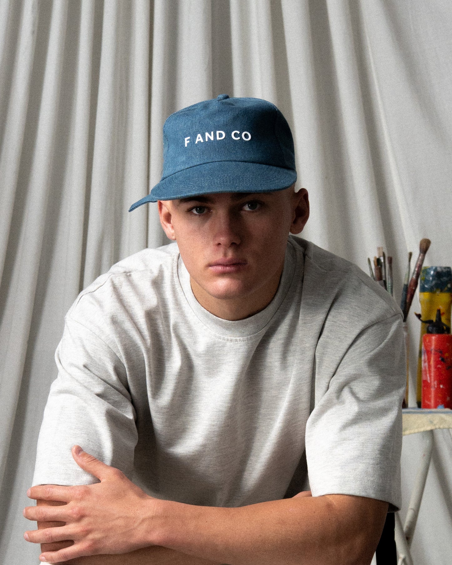 Denim Logo Cap - Wide Brim 5 Panel - Light Blue Denim