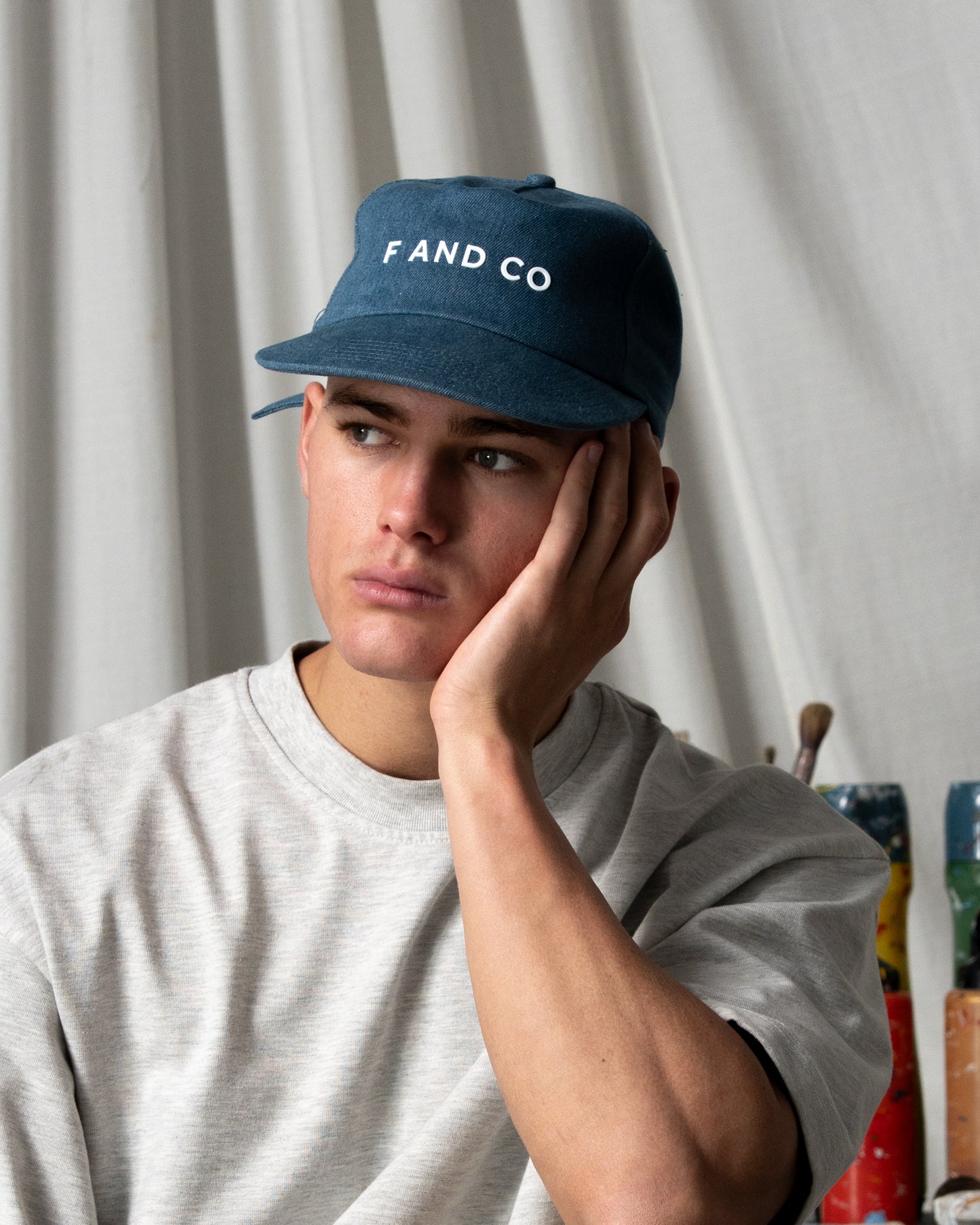 Denim Logo Cap - Wide Brim 5 Panel - Light Blue Denim