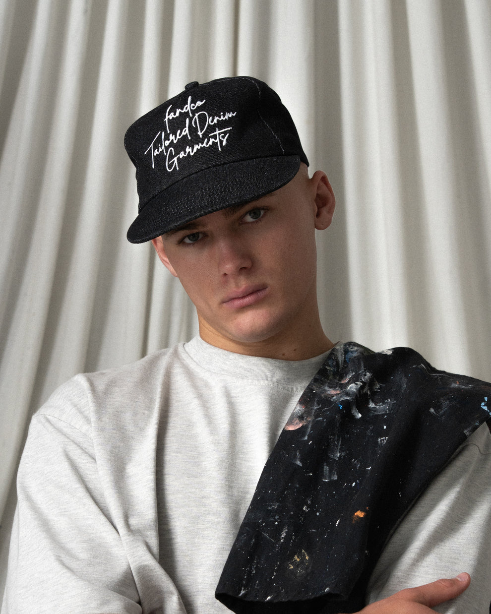 Denim Script Cap - Wide Brim 5 Panel - Black Denim – F AND CO.