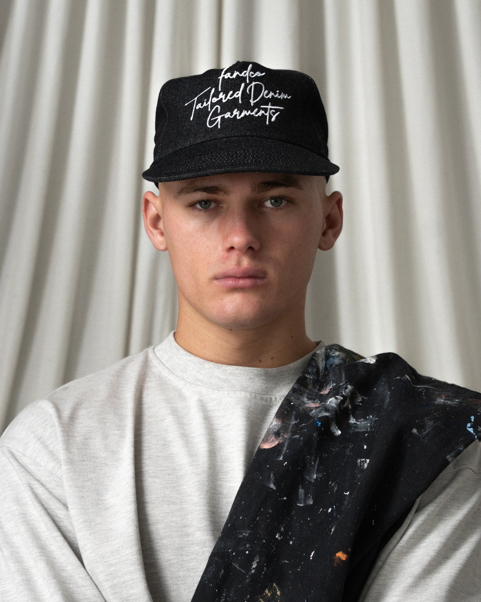 Denim Script Cap - Wide Brim 5 Panel - Black Denim – F AND CO.
