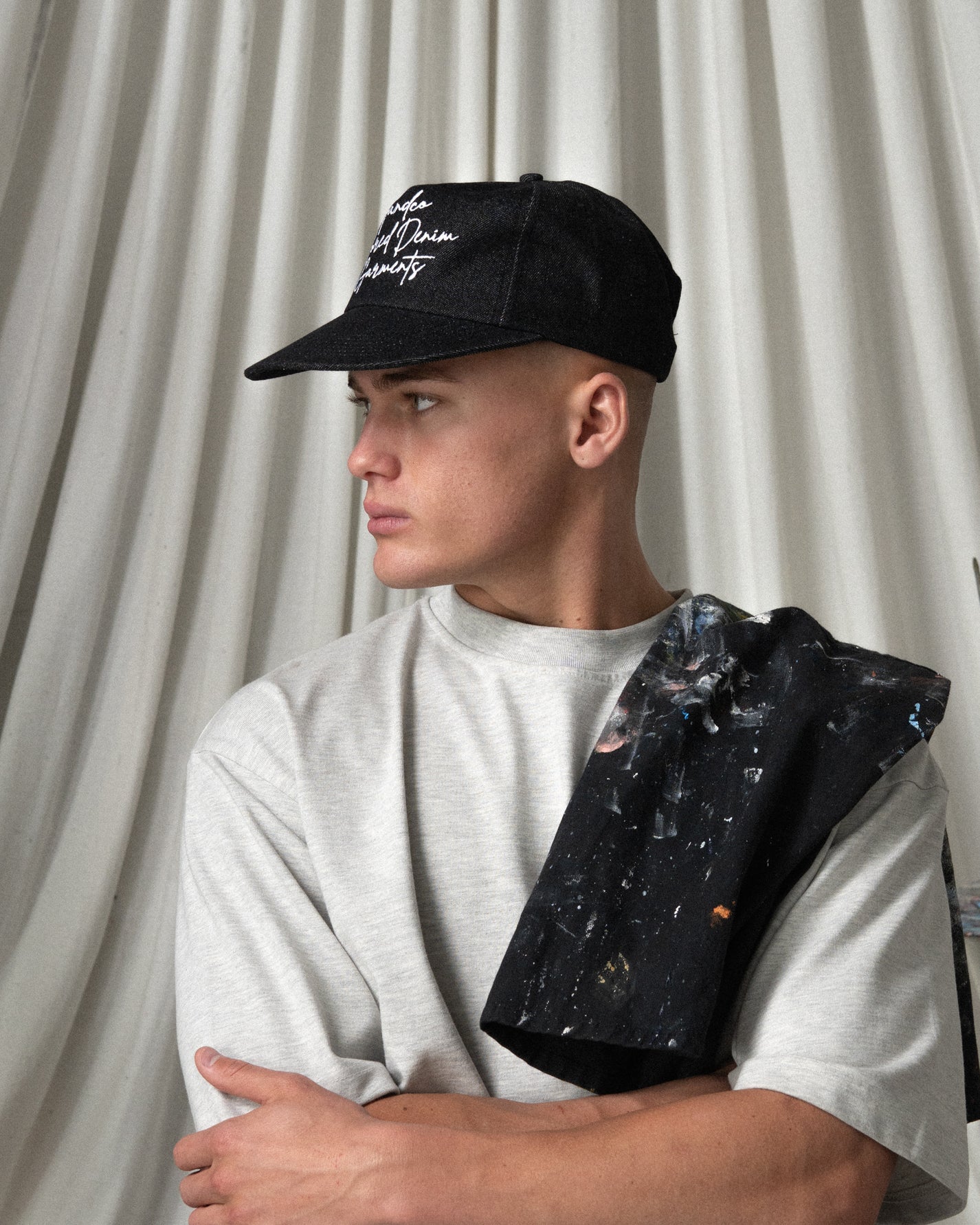 Denim Script Cap - Wide Brim 5 Panel - Black Denim – F AND CO.