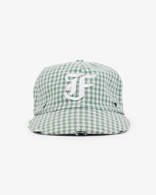 Picnic Letterman Cap - Short Brim 6 Panel - Green/White Gingham