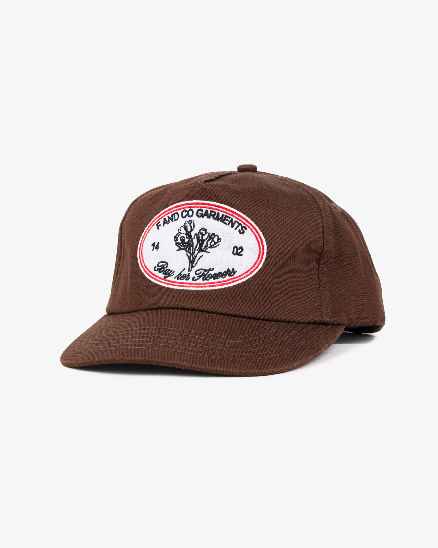 Floral Patch Cap - Short Brim 5 Panel - Brown