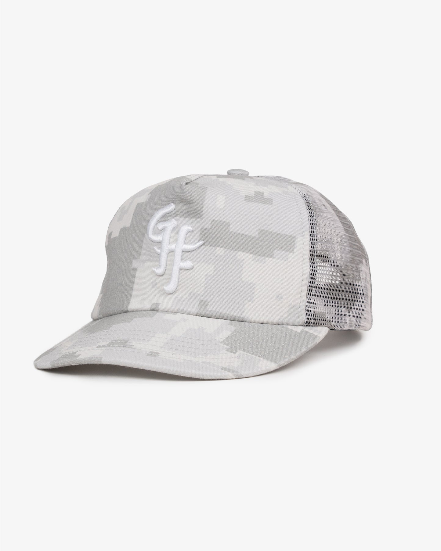 Glass Half Full Trucker Cap - Short Brim 5 Panel - Digital Camo