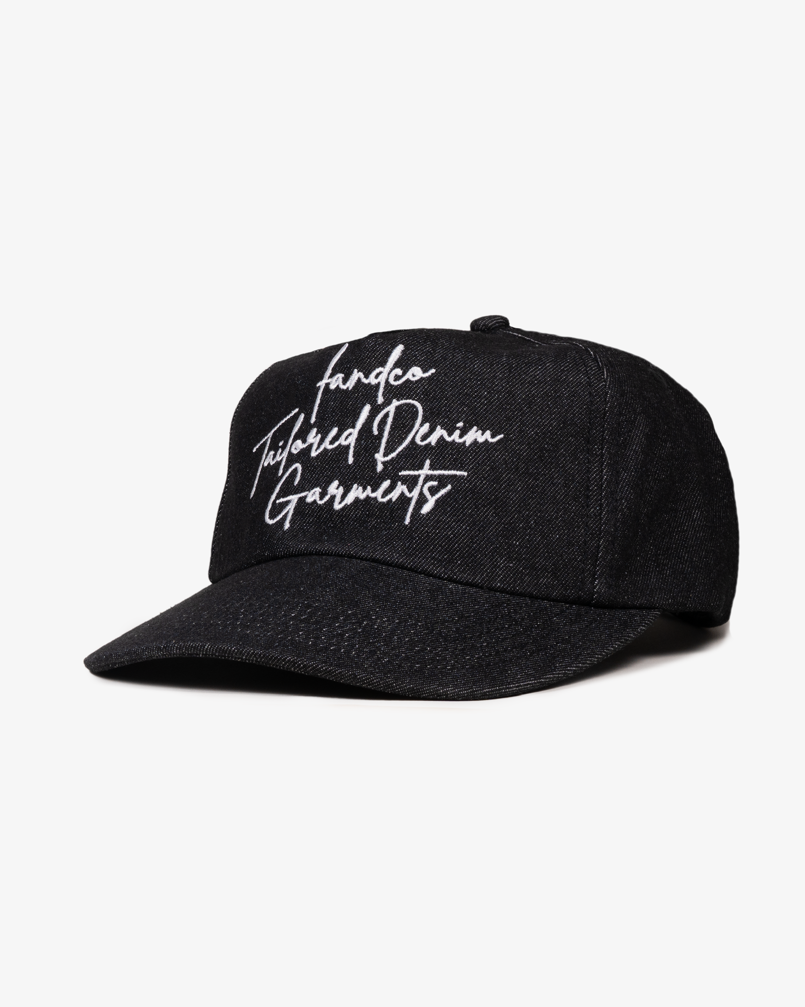Denim Script Cap - Wide Brim 5 Panel - Black Denim – F AND CO.