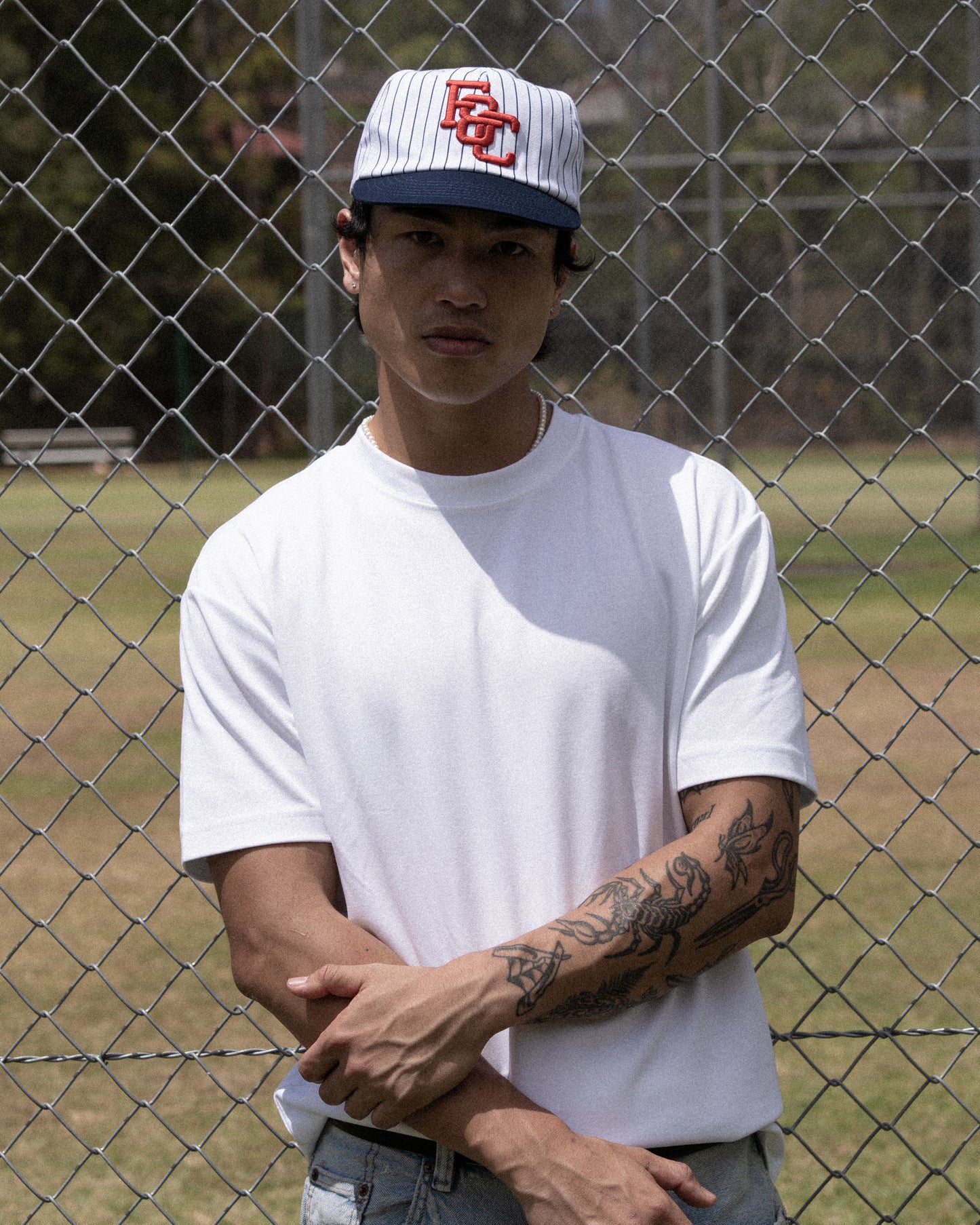 Monogram Ball Cap - Short Brim 6 Panel - White Pinstripe